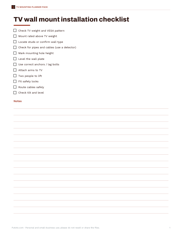 Preview of Printable TV Wall Mount Checklist