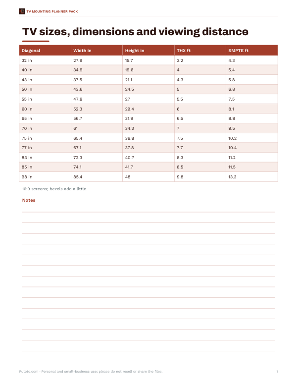 Preview of Printable TV Screen Size Chart
